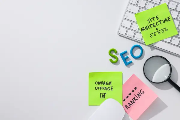SEO services overview showing site architecture, on-page and off-page optimization, and ranking strategy notes.