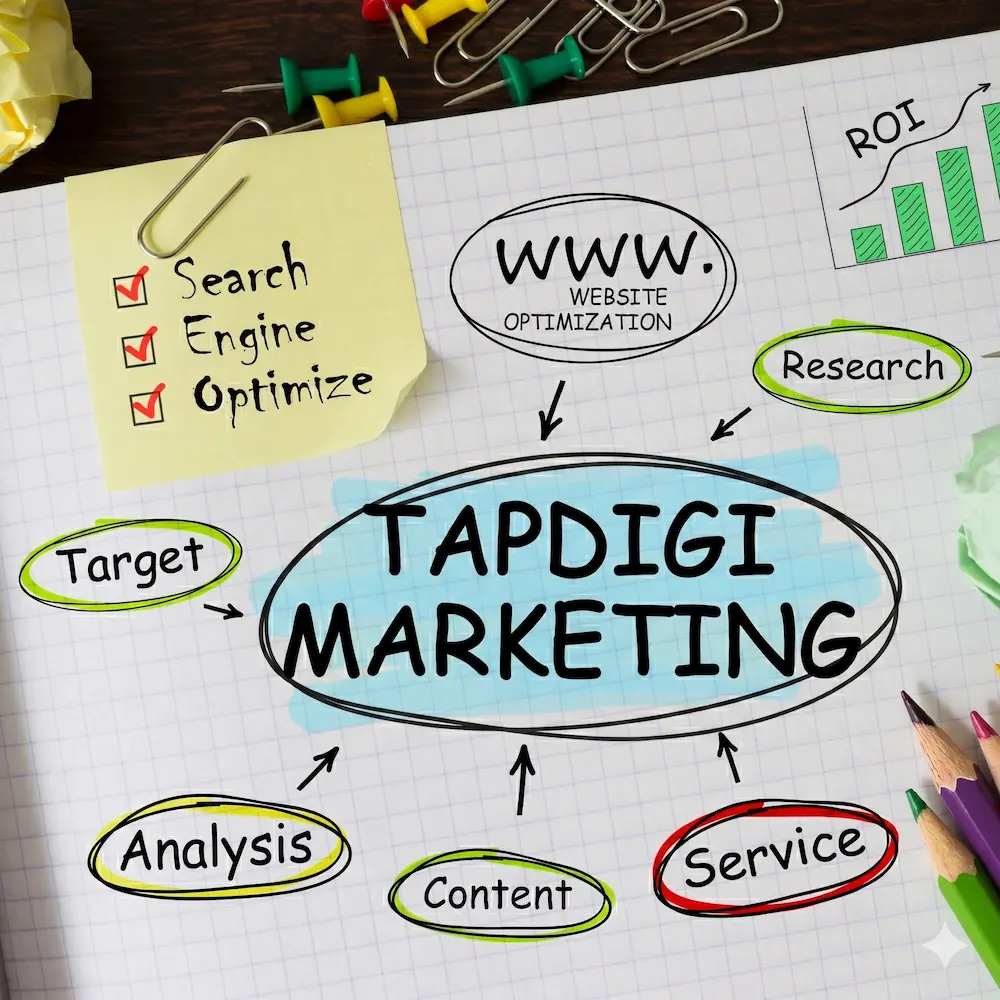 A conceptual diagram showing about our digital marketing agency- TapDigi Marketing's strategy, from search engine optimization and analysis to content marketing and ROI results, illustrating how our agency grows businesses.