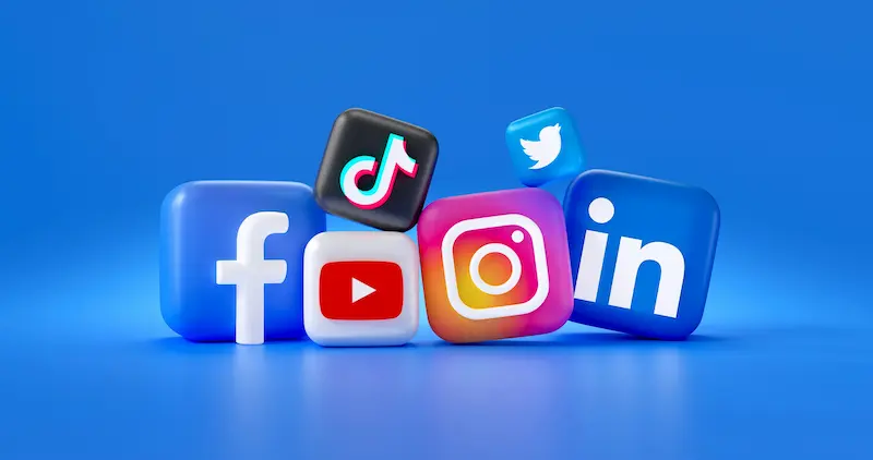 3D social media platform icons including Facebook, Instagram, LinkedIn, YouTube, and TikTok representing social media marketing services.